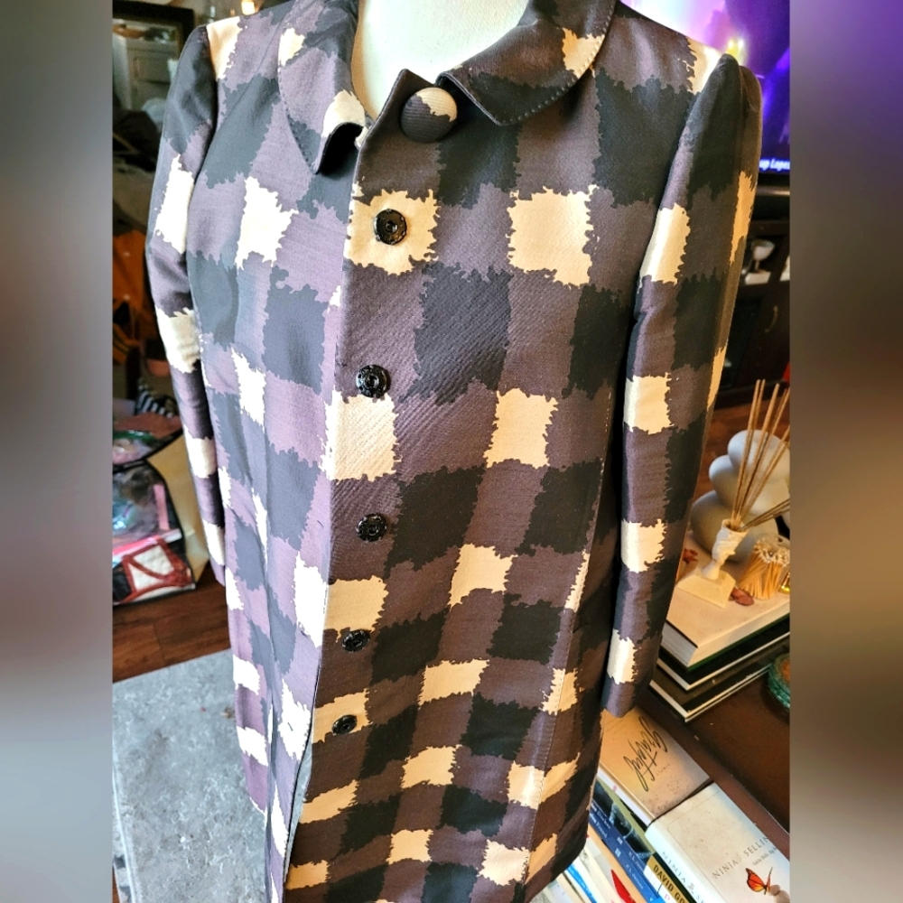 Moschino Black and Cream Checkered Trench Coat